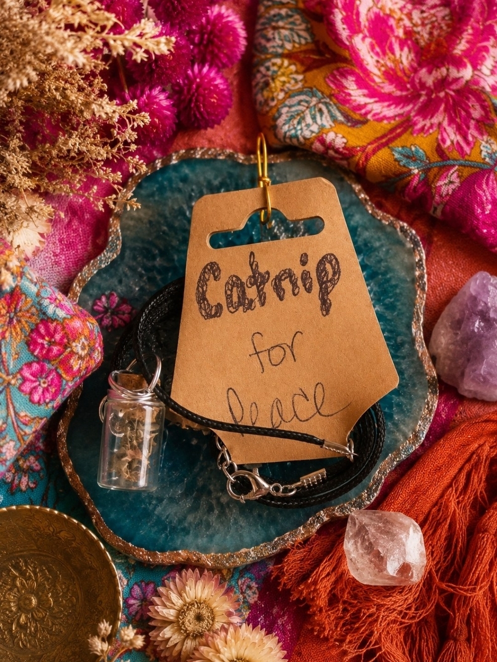 4/$15 Handmade Catnip Charm Necklace with Glass Vial For Peace And Balance